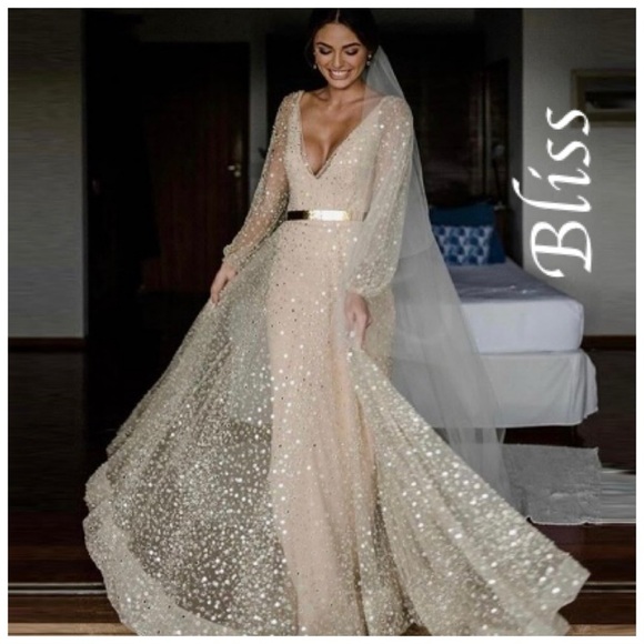 Bliss Dresses & Skirts - Bliss Cream Long Sleeve Plunge Gown